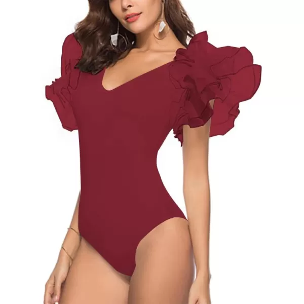 LYANER Women’s Layer Ruffle Butterfly Sleeve V Neck Stretchy Party Skinny Bodysuit Romper Leotard