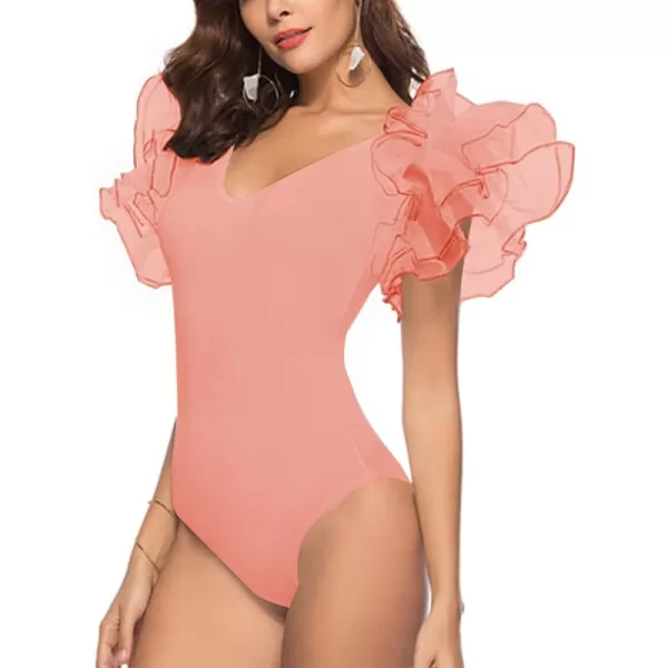 LYANER Women’s Layer Ruffle Butterfly Sleeve V Neck Stretchy Party Skinny Bodysuit Romper Leotard