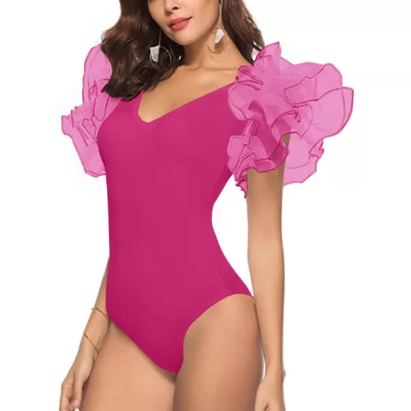 LYANER Women’s Layer Ruffle Butterfly Sleeve V Neck Stretchy Party Skinny Bodysuit Romper Leotard