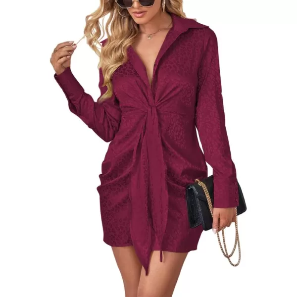 LYANER Women's Leopard Satin Deep Collar V Neck Tie Front Long Sleeve Mini Party Dress