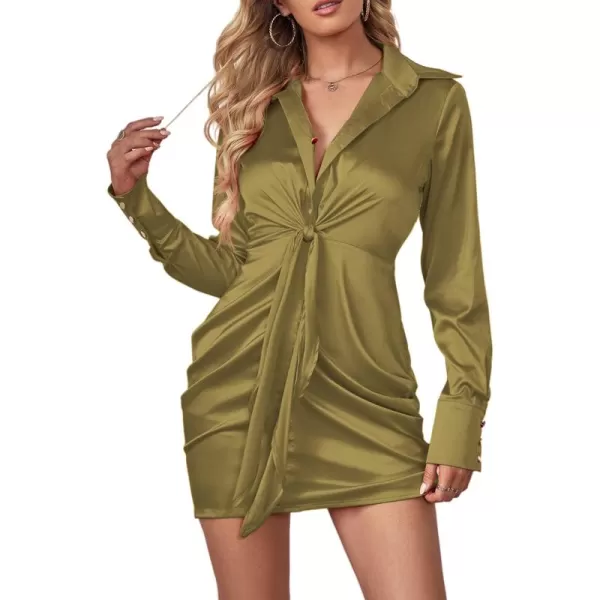 LYANER Women's Leopard Satin Deep Collar V Neck Tie Front Long Sleeve Mini Party Dress