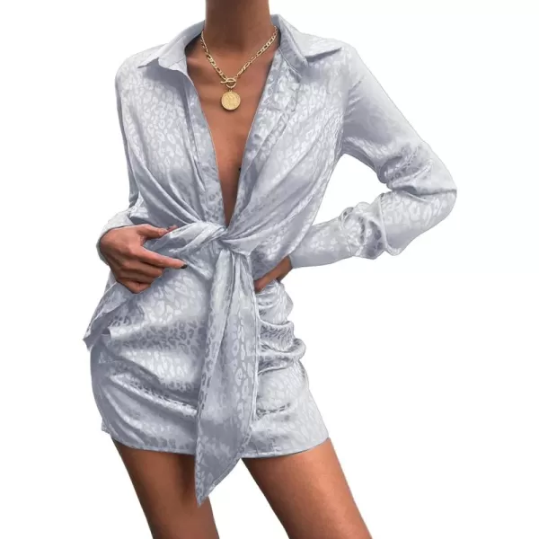 LYANER Women's Leopard Satin Deep Collar V Neck Tie Front Long Sleeve Mini Party Dress