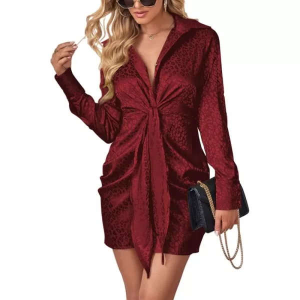 LYANER Women's Leopard Satin Deep Collar V Neck Tie Front Long Sleeve Mini Party Dress