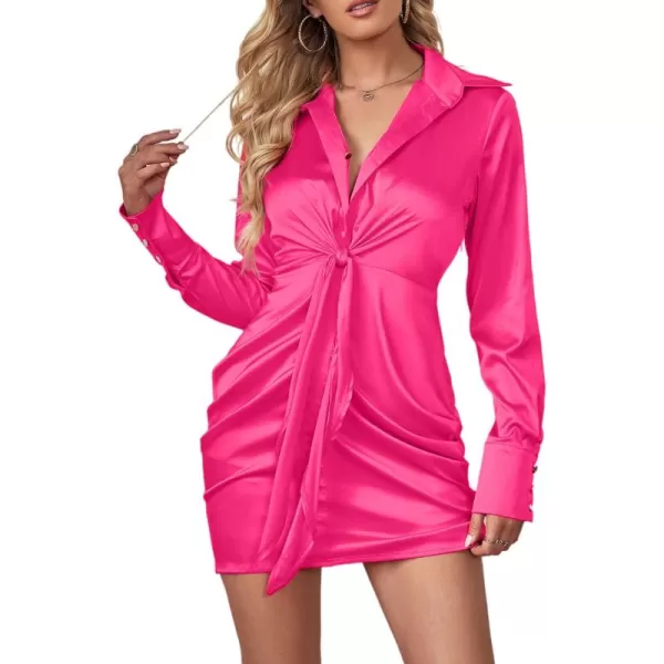 LYANER Women's Leopard Satin Deep Collar V Neck Tie Front Long Sleeve Mini Party Dress