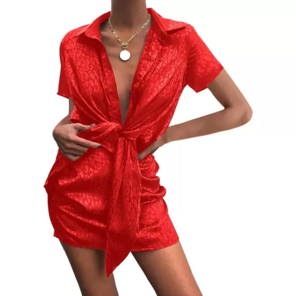 LYANER Women's Leopard Satin Deep V Neck Tie Front Short Sleeve Sexy Party Mini Dress