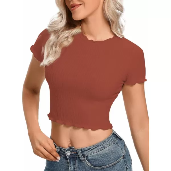 LYANER Women's Lettuce Trim Ribbed Knit Short Sleeve Crop Top Slim Fitted T-Shirt Tee