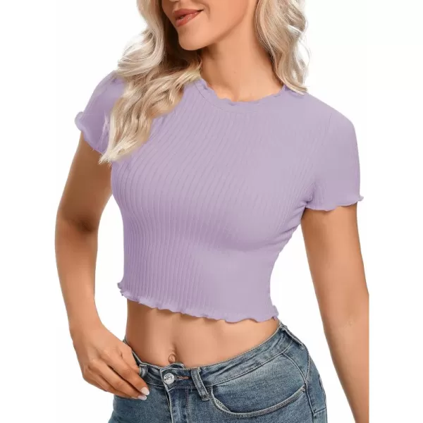 LYANER Women's Lettuce Trim Ribbed Knit Short Sleeve Crop Top Slim Fitted T-Shirt Tee
