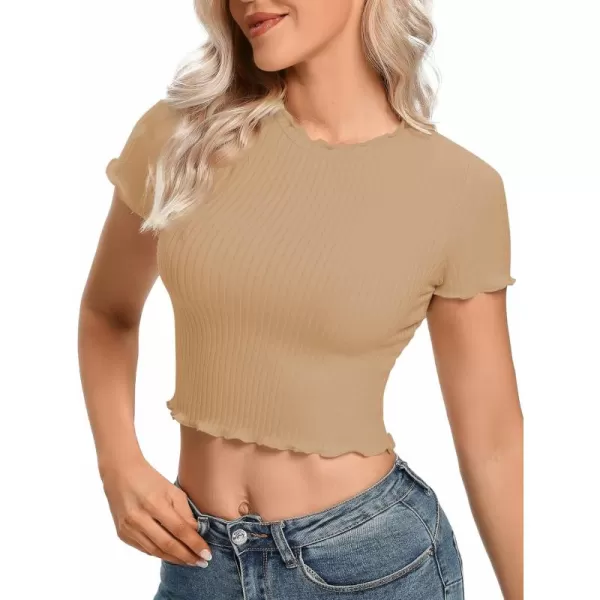 LYANER Women's Lettuce Trim Ribbed Knit Short Sleeve Crop Top Slim Fitted T-Shirt Tee