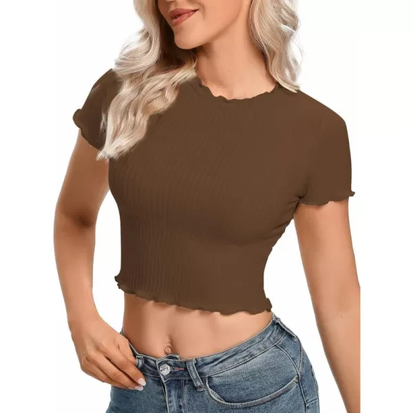 LYANER Women's Lettuce Trim Ribbed Knit Short Sleeve Crop Top Slim Fitted T-Shirt Tee