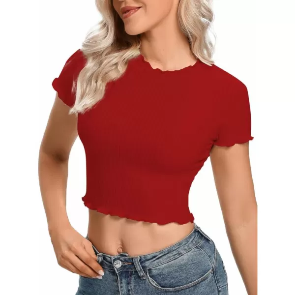 LYANER Women's Lettuce Trim Ribbed Knit Short Sleeve Crop Top Slim Fitted T-Shirt Tee
