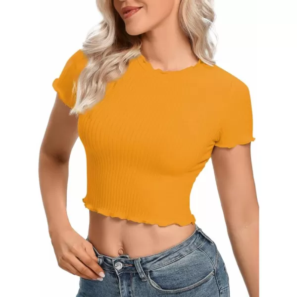 LYANER Women's Lettuce Trim Ribbed Knit Short Sleeve Crop Top Slim Fitted T-Shirt Tee