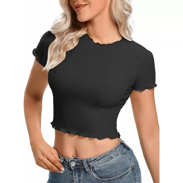 LYANER Women's Lettuce Trim Ribbed Knit Short Sleeve Crop Top Slim Fitted T-Shirt Tee