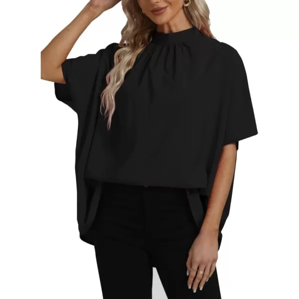 LYANER Women's Loose Smock Neck Pleated Asymmetric Batwing Short Sleeve Blouse Shirt Top