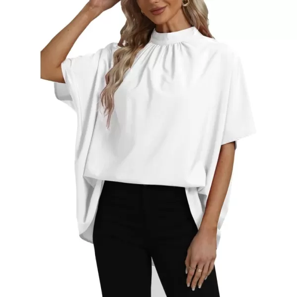 LYANER Women's Loose Smock Neck Pleated Asymmetric Batwing Short Sleeve Blouse Shirt Top