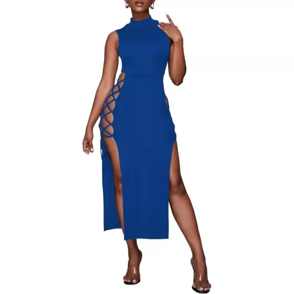 LYANER Women's Mock Neck Cut Out Side Lace Up Sleeveless Bodycon Maxi Tank Dress