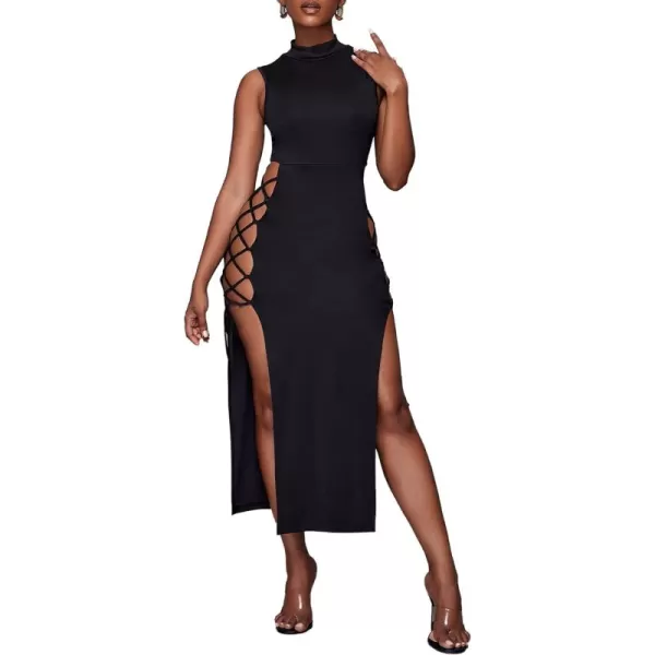 LYANER Women's Mock Neck Cut Out Side Lace Up Sleeveless Bodycon Maxi Tank Dress