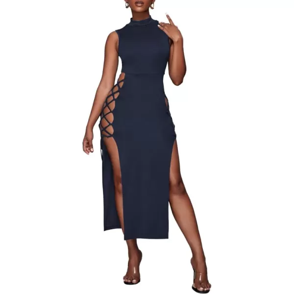 LYANER Women's Mock Neck Cut Out Side Lace Up Sleeveless Bodycon Maxi Tank Dress