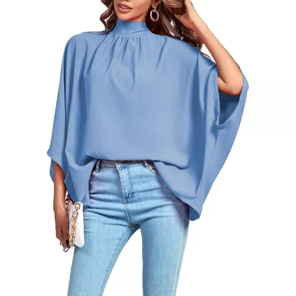 LYANER Women's Mock Neck Pleated Batwing Sleeve Drape Tie Back Blouse Shirt Top