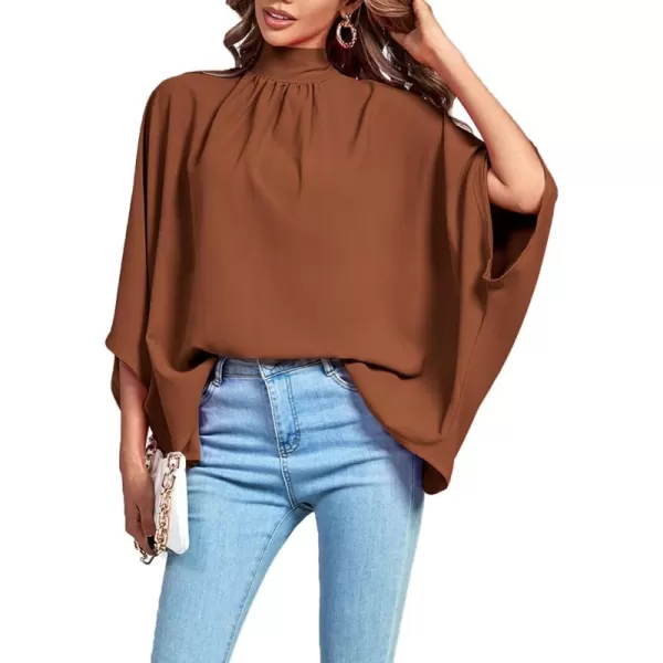 LYANER Women's Mock Neck Pleated Batwing Sleeve Drape Tie Back Blouse Shirt Top