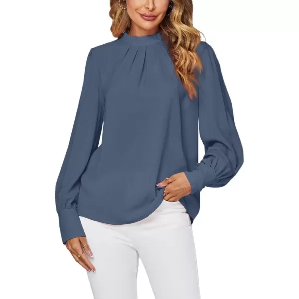 LYANER Women's Mock Neck Pleated Solid Long Sleeve Blouse Office Shirt Top