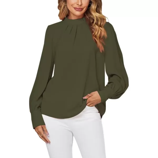 LYANER Women's Mock Neck Pleated Solid Long Sleeve Blouse Office Shirt Top