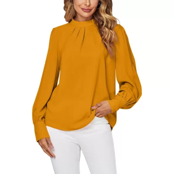 LYANER Women's Mock Neck Pleated Solid Long Sleeve Blouse Office Shirt Top