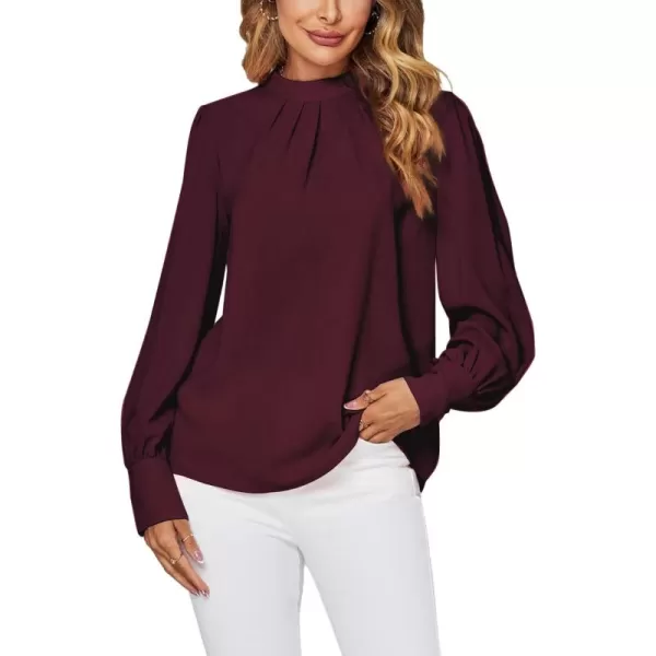 LYANER Women's Mock Neck Pleated Solid Long Sleeve Blouse Office Shirt Top