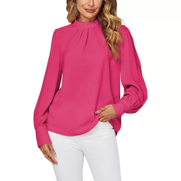LYANER Women's Mock Neck Pleated Solid Long Sleeve Blouse Office Shirt Top