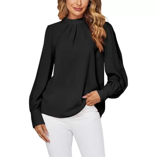 LYANER Women's Mock Neck Pleated Solid Long Sleeve Blouse Office Shirt Top