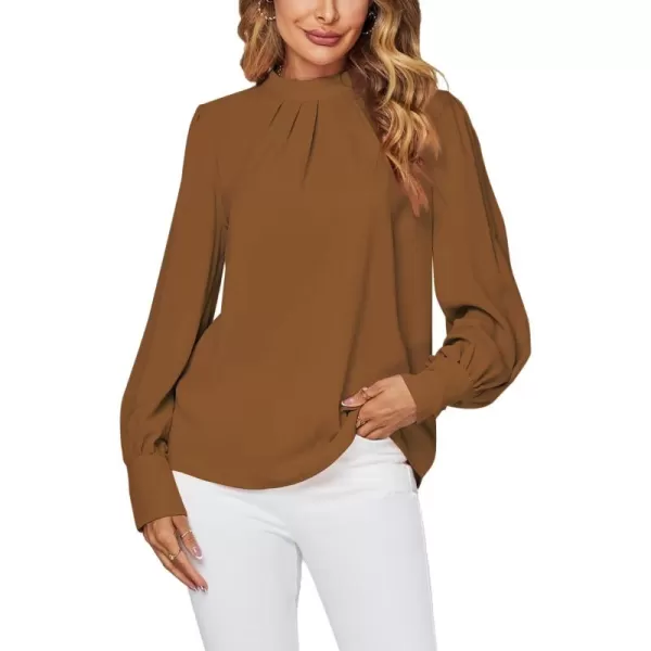 LYANER Women's Mock Neck Pleated Solid Long Sleeve Blouse Office Shirt Top