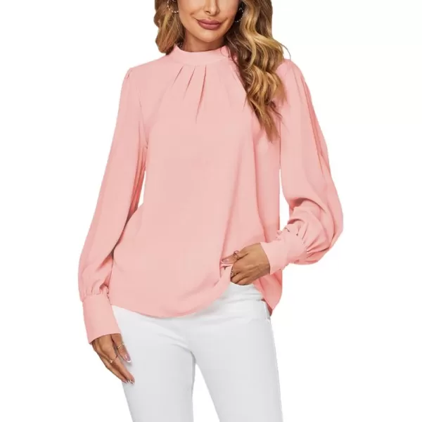 LYANER Women's Mock Neck Pleated Solid Long Sleeve Blouse Office Shirt Top