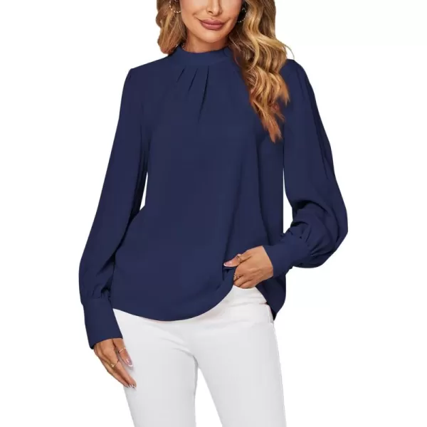 LYANER Women's Mock Neck Pleated Solid Long Sleeve Blouse Office Shirt Top