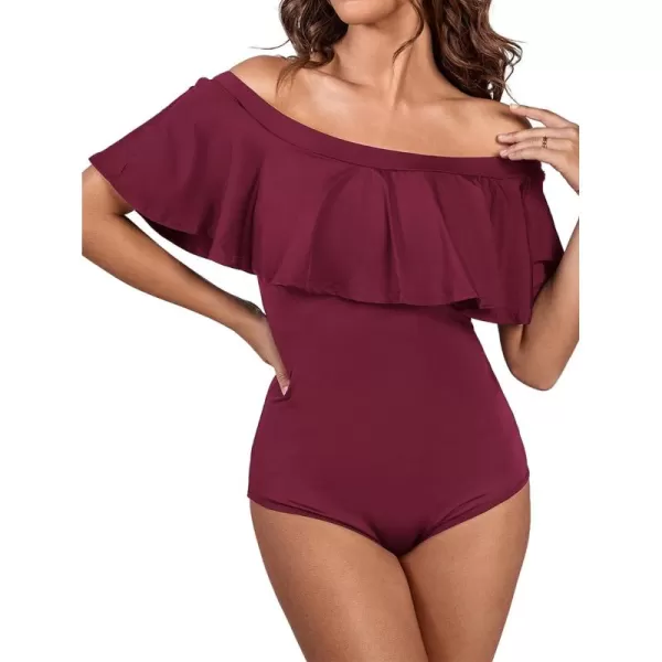 LYANER Women's Off Shoulder Bathing Suit Flounce Ruffle One Piece Slimming Swimsuit