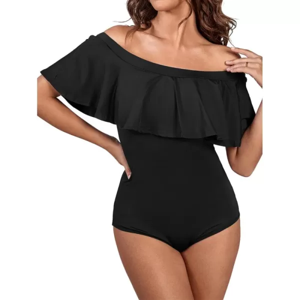 LYANER Women's Off Shoulder Bathing Suit Flounce Ruffle One Piece Slimming Swimsuit
