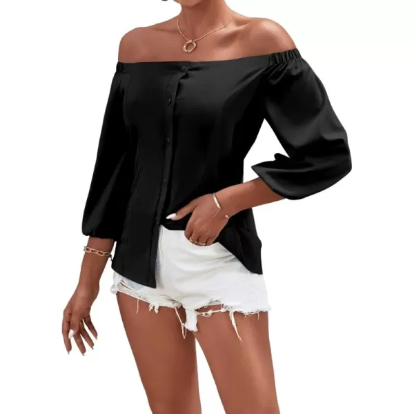 LYANER Women's Off Shoulder Bishop Short Sleeve Button Down Backless Shirt Blouse Top