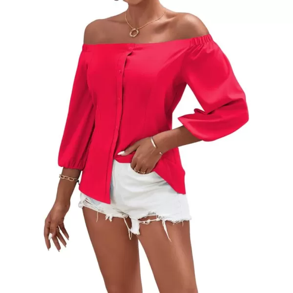 LYANER Women's Off Shoulder Bishop Short Sleeve Button Down Backless Shirt Blouse Top