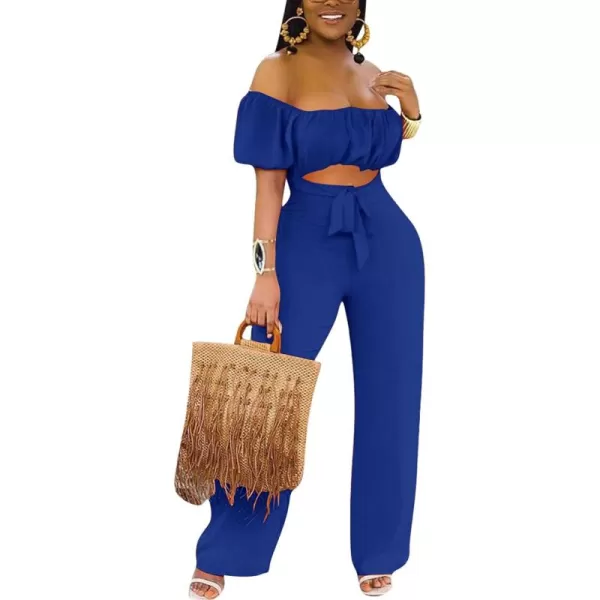 LYANER Women's Off Shoulder Cut Out Tie Front High Waist Short Sleeve Wide Leg Pants One Piece Jumpsuit Romper
