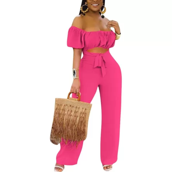 LYANER Women's Off Shoulder Cut Out Tie Front High Waist Short Sleeve Wide Leg Pants One Piece Jumpsuit Romper