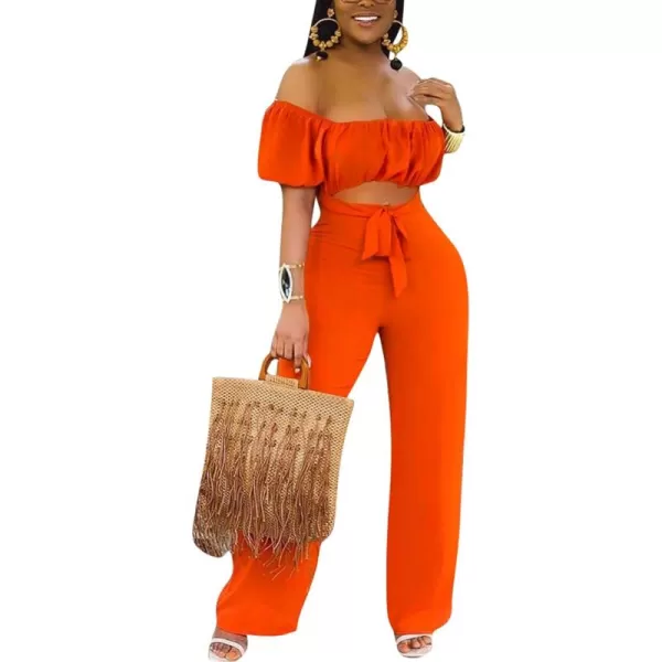 LYANER Women's Off Shoulder Cut Out Tie Front High Waist Short Sleeve Wide Leg Pants One Piece Jumpsuit Romper