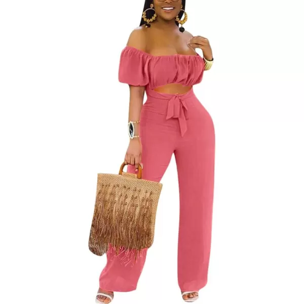 LYANER Women's Off Shoulder Cut Out Tie Front High Waist Short Sleeve Wide Leg Pants One Piece Jumpsuit Romper