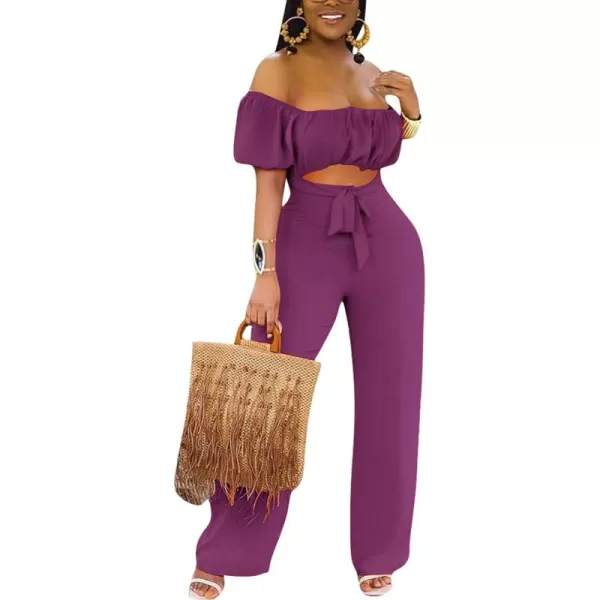 LYANER Women's Off Shoulder Cut Out Tie Front High Waist Short Sleeve Wide Leg Pants One Piece Jumpsuit Romper