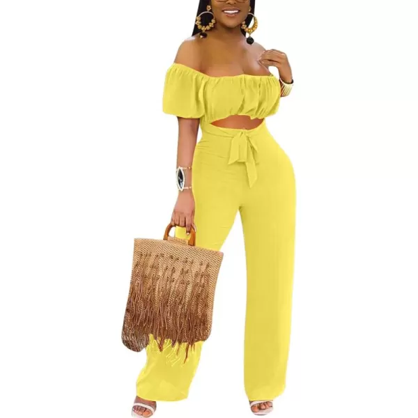 LYANER Women's Off Shoulder Cut Out Tie Front High Waist Short Sleeve Wide Leg Pants One Piece Jumpsuit Romper