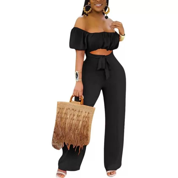 LYANER Women's Off Shoulder Cut Out Tie Front High Waist Short Sleeve Wide Leg Pants One Piece Jumpsuit Romper