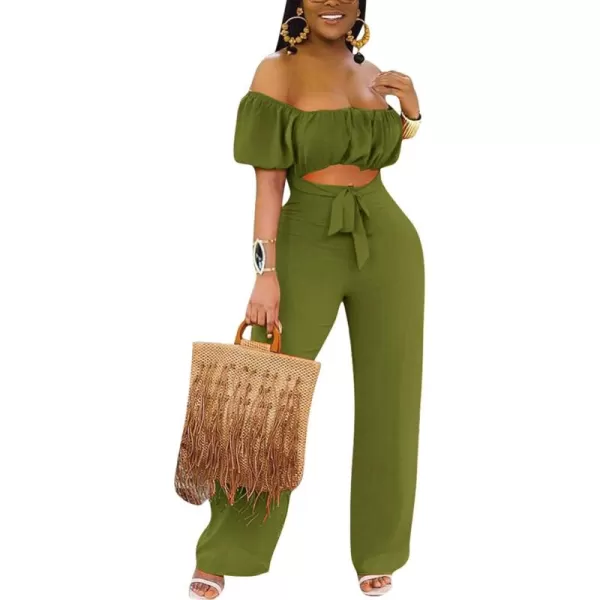 LYANER Women's Off Shoulder Cut Out Tie Front High Waist Short Sleeve Wide Leg Pants One Piece Jumpsuit Romper