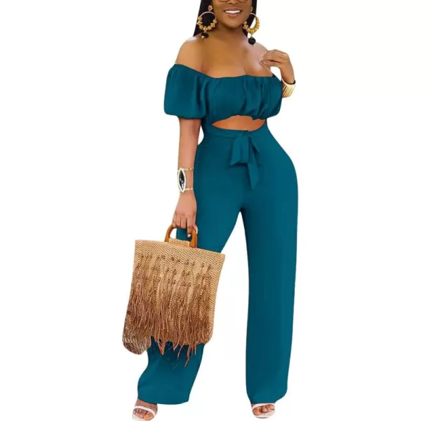 LYANER Women's Off Shoulder Cut Out Tie Front High Waist Short Sleeve Wide Leg Pants One Piece Jumpsuit Romper