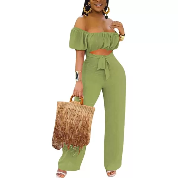 LYANER Women's Off Shoulder Cut Out Tie Front High Waist Short Sleeve Wide Leg Pants One Piece Jumpsuit Romper