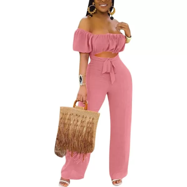 LYANER Women's Off Shoulder Cut Out Tie Front High Waist Short Sleeve Wide Leg Pants One Piece Jumpsuit Romper