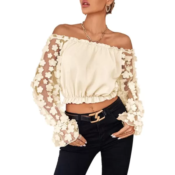 LYANER Women's Off Shoulder Floral Mesh Long Sleeve Ruffle Trim Crop Blouse Top