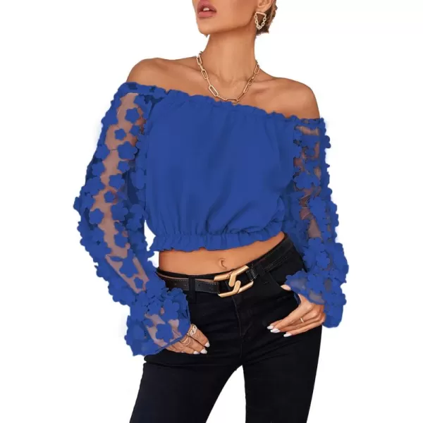 LYANER Women's Off Shoulder Floral Mesh Long Sleeve Ruffle Trim Crop Blouse Top