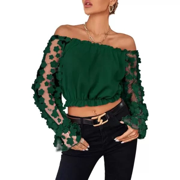 LYANER Women's Off Shoulder Floral Mesh Long Sleeve Ruffle Trim Crop Blouse Top